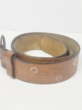 Vtg Hollister Leather Belt Size 36~Brown~Embossed Floral~Spellout Belt & Buckle
